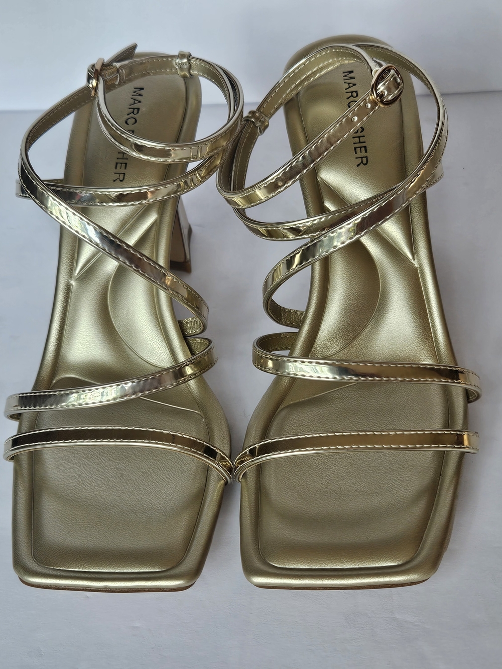 Marc Fisher Mahima Gold Strappy Heeled Sandals Square Toe Women's Size 10M - Picture 12 of 15
